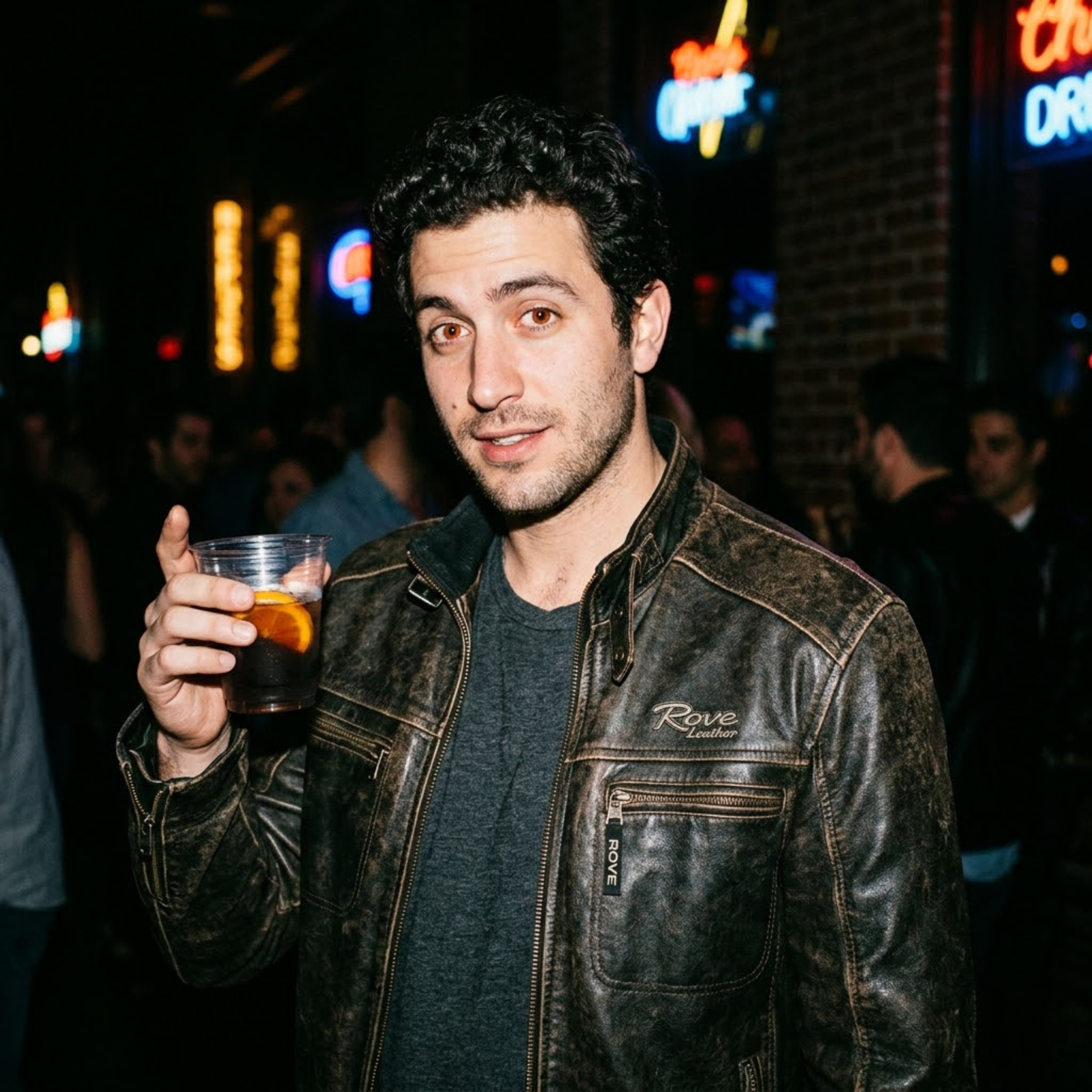 man in a pub wearing rove leather jacket holding a glass