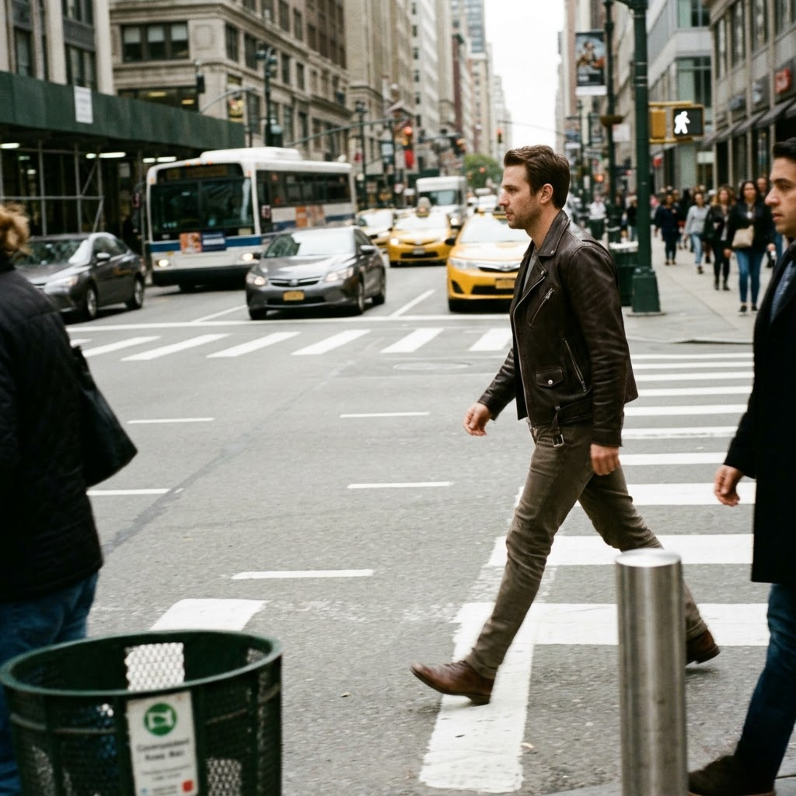 man wearing rove bomber leather jacket walking on a zebra crossing on a busy street