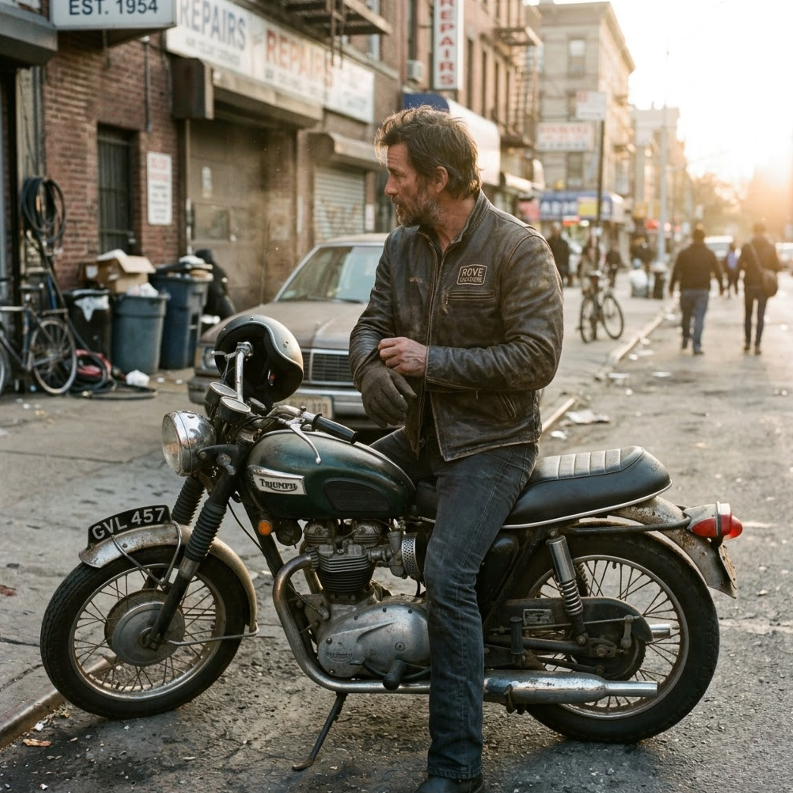 man sitting on his bike wearing rove leather jacket