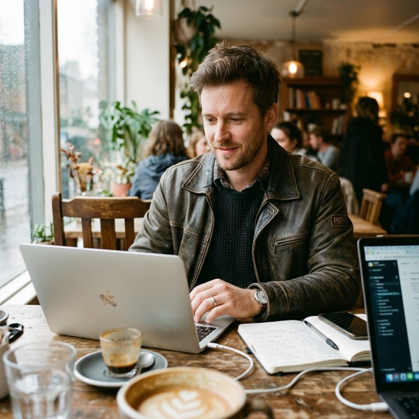 man sitting in coffee shop working on his laptop wearing rove leather jacket