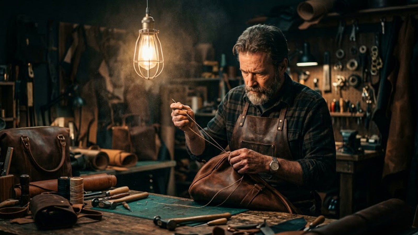 man working on a duffel bag in his workshop wearing a rove leather apron