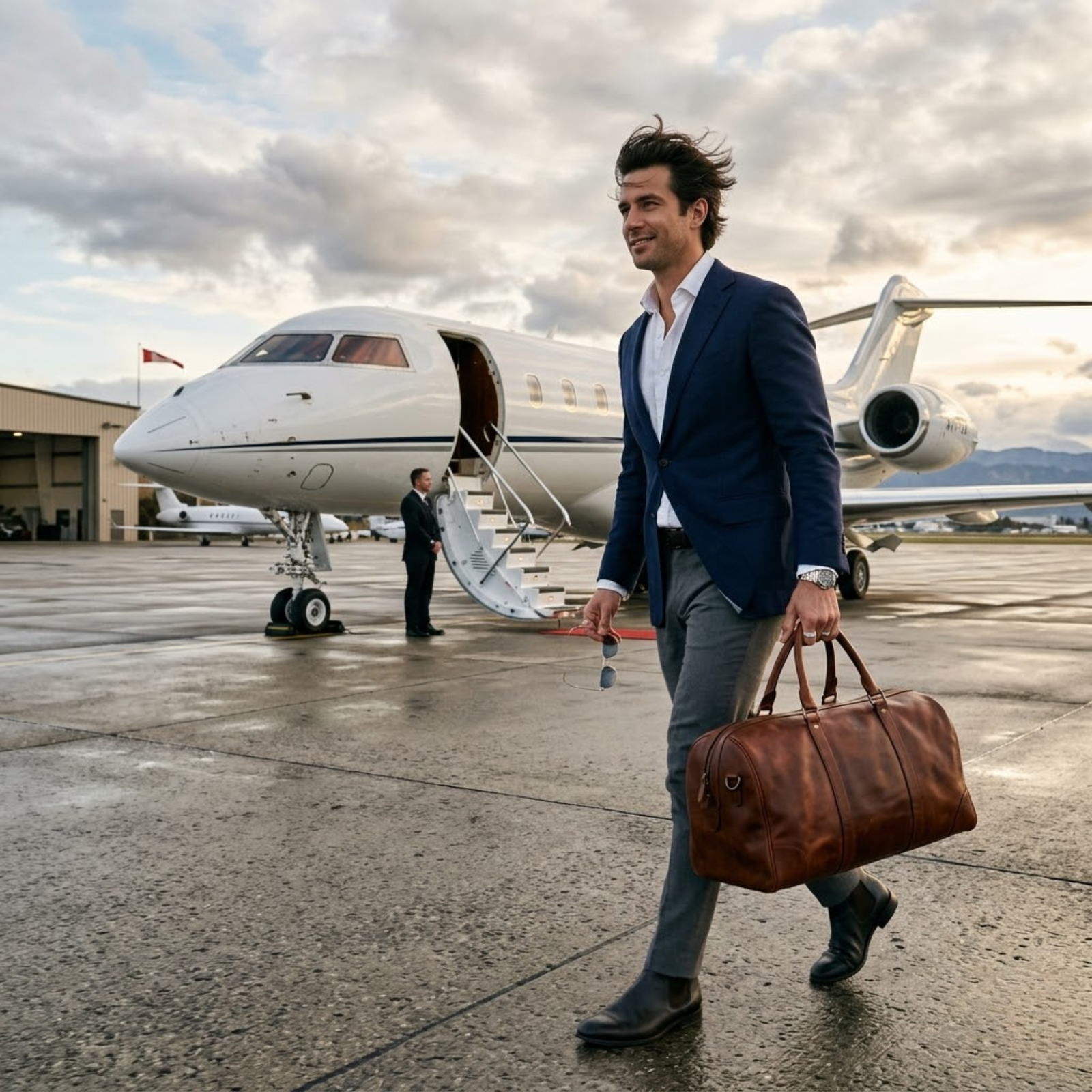 businessman going on a trip with rove leather duffel bag