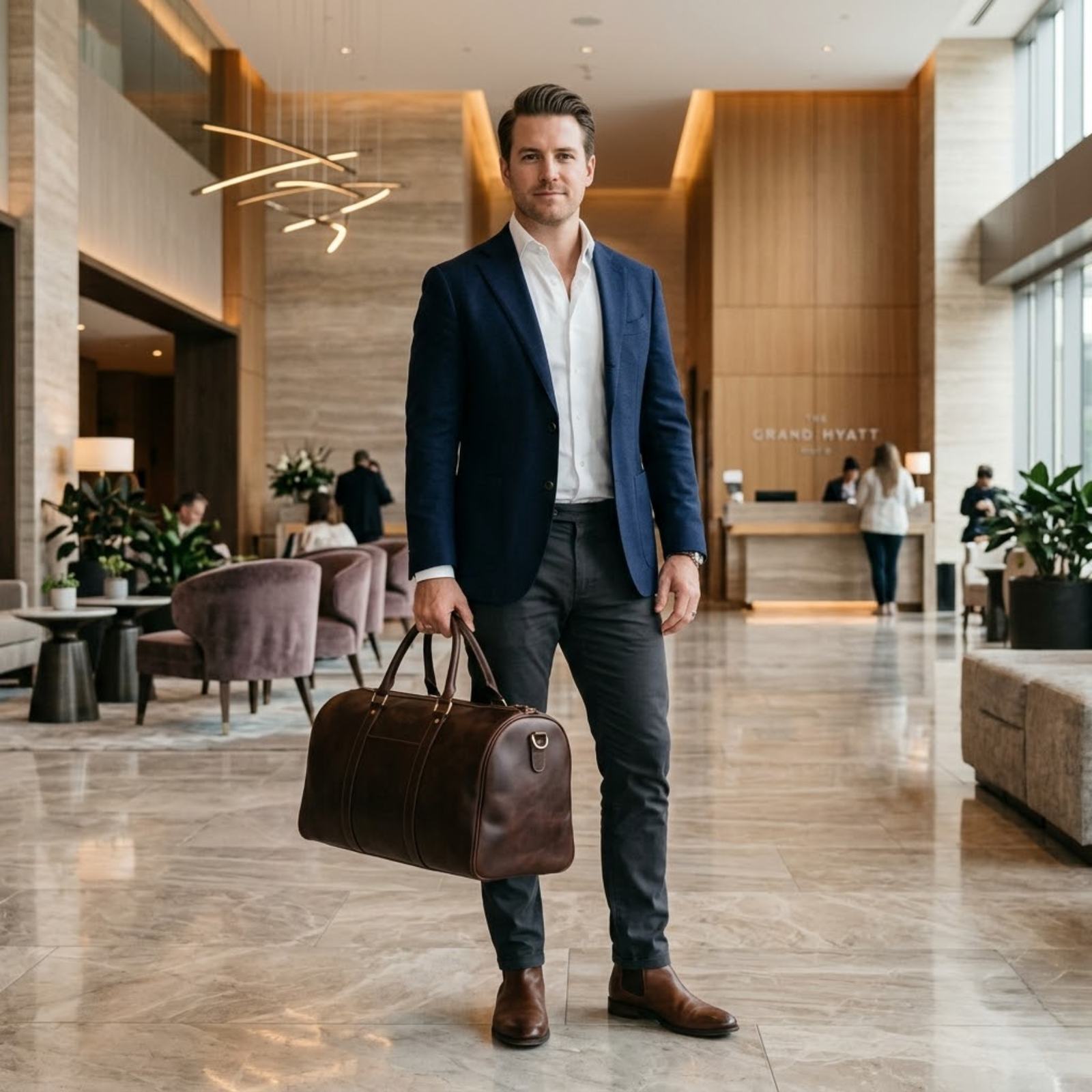 businessman in hotel lobby holding premium rove leather duffel bag
