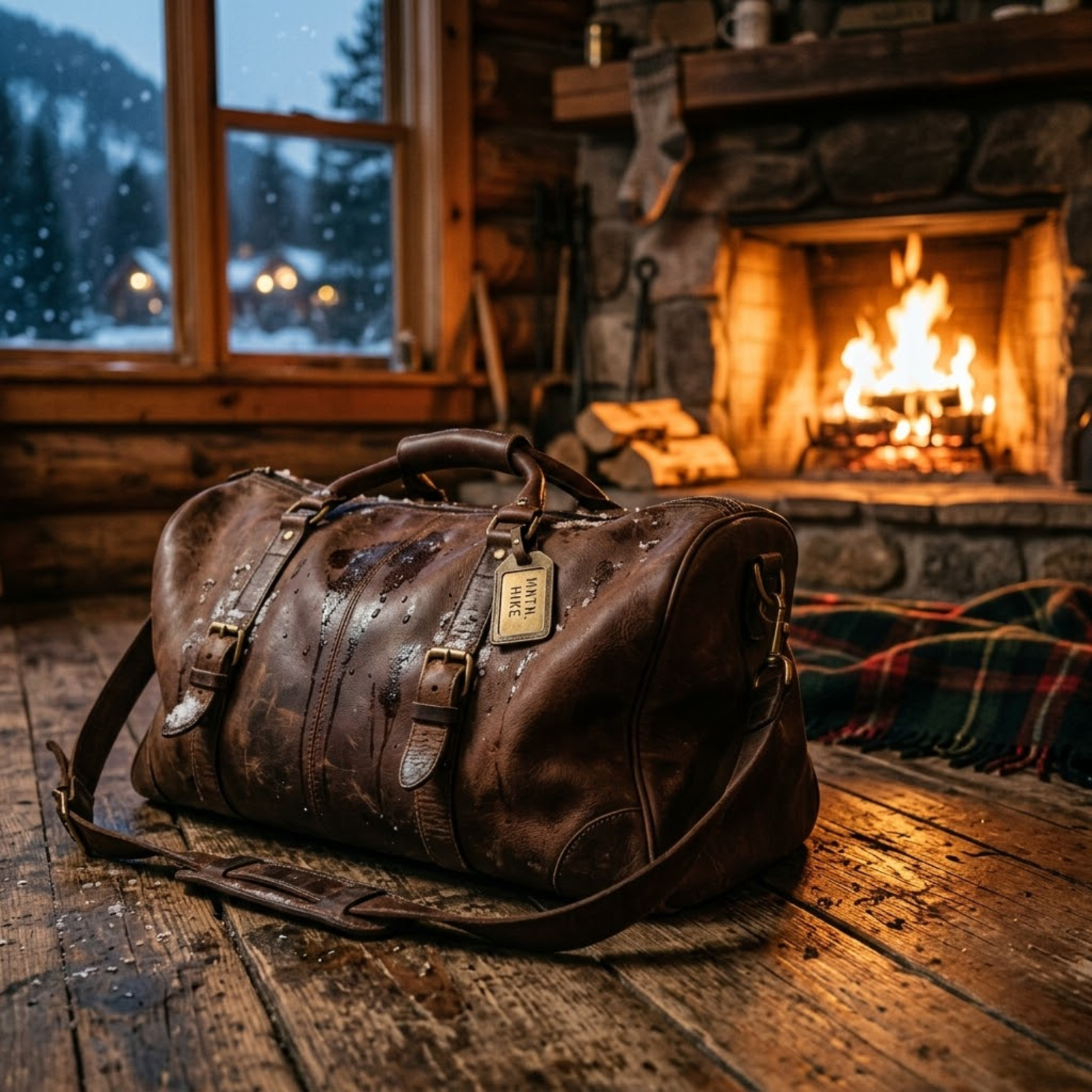 rove leather duffel bag on a wooden floor