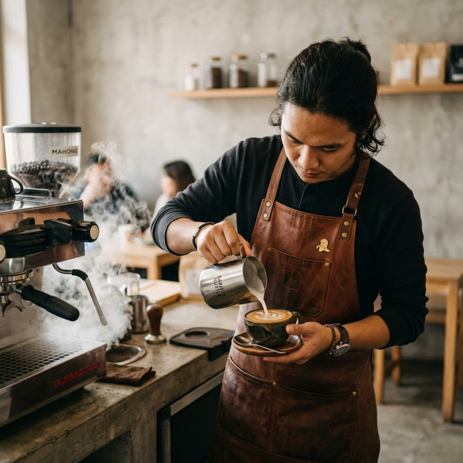 barista making coffee while wearing rove leather premium apron