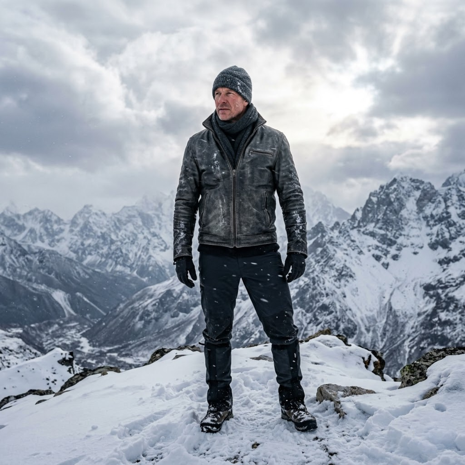 man wearing rove leather jacket on a snowy mountain top