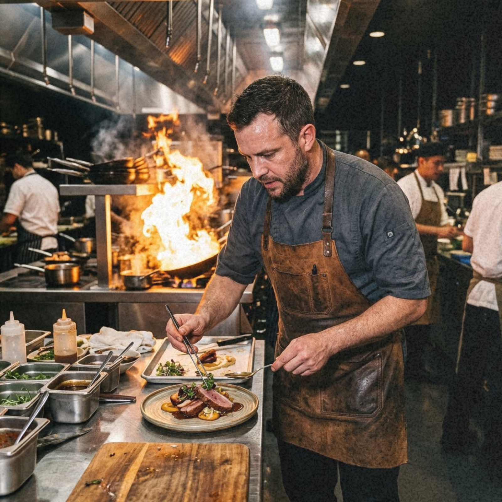 professional chef wearing rove leather apron making a dish