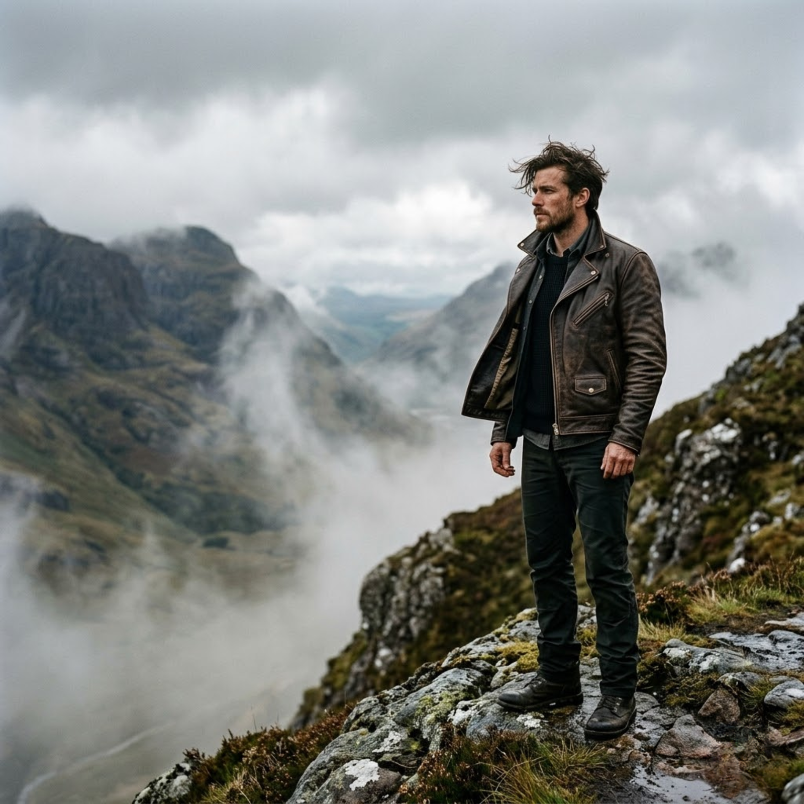 man wearing rove leather jacket standing on the cliff of the scottish highlands