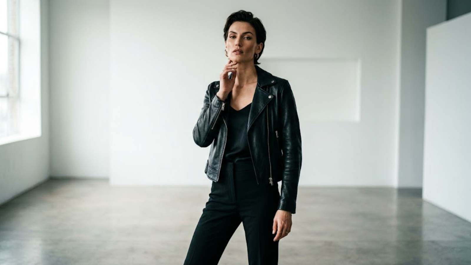 Woman wearing rove leather jacket
