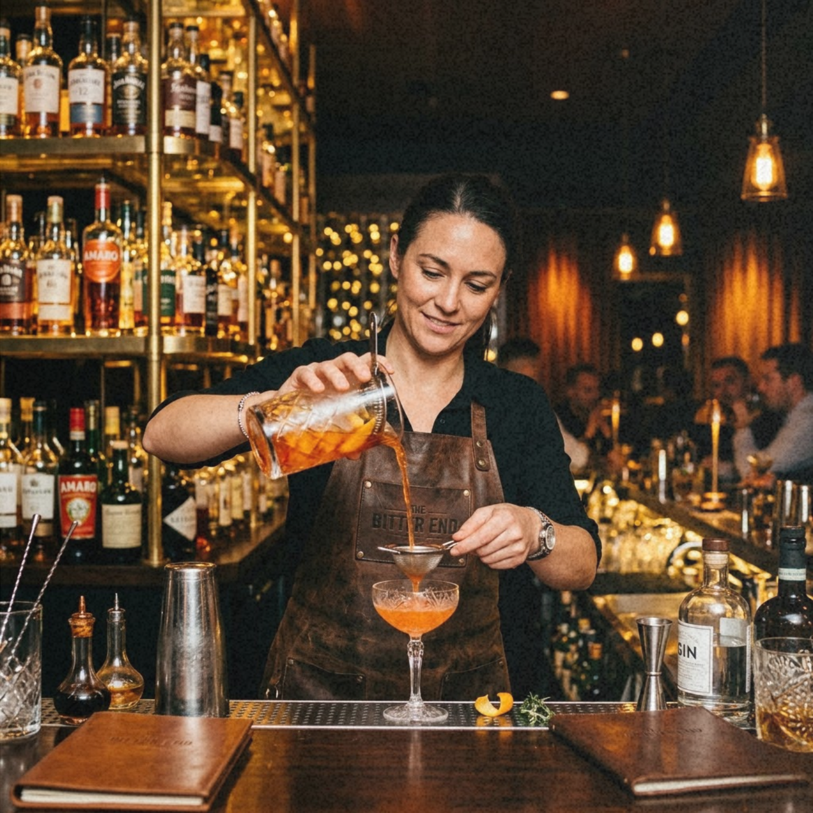 A bartender making a shot for a customer wearing rove leather brown apron