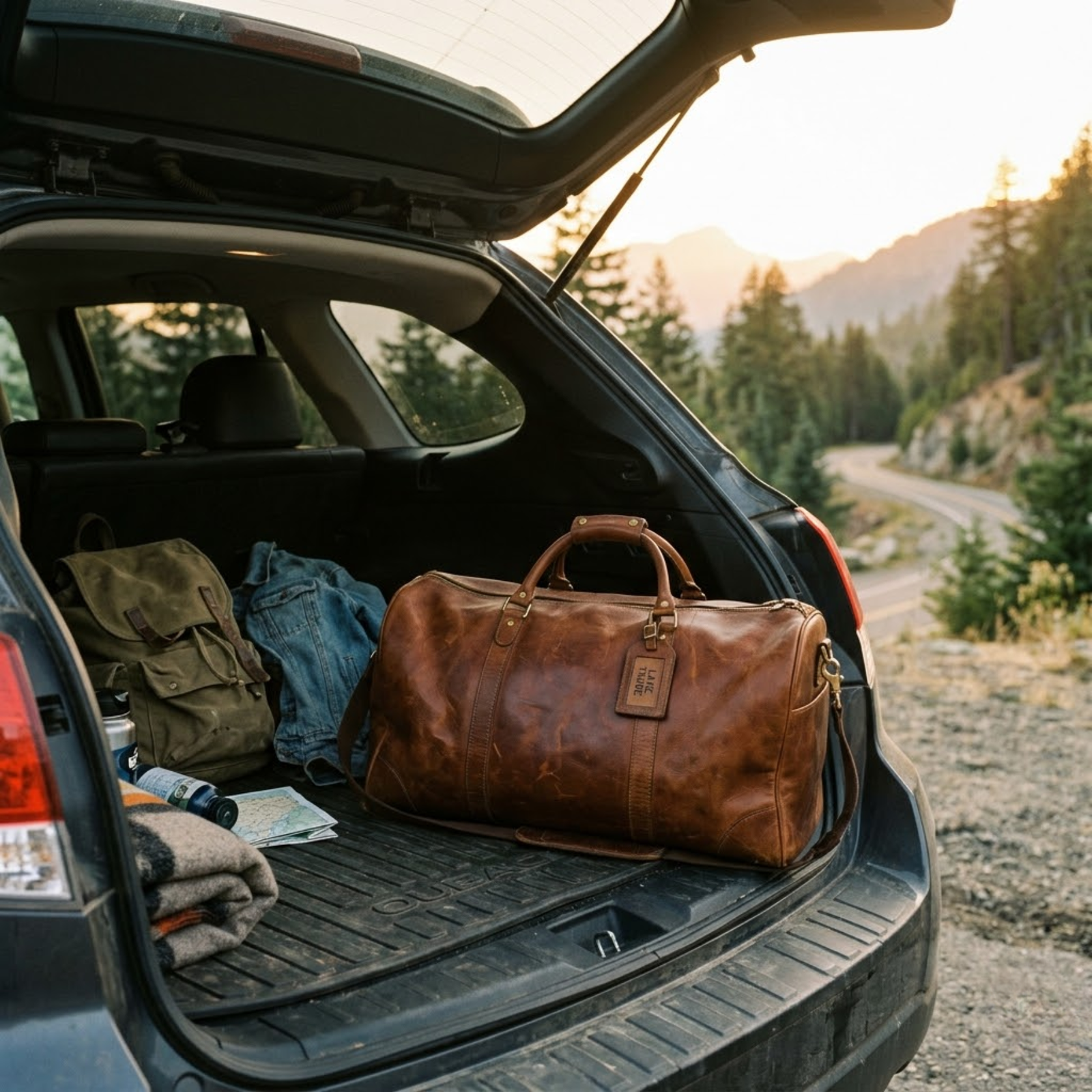 Rove leather duffel bag put in the trunk of a jeep car