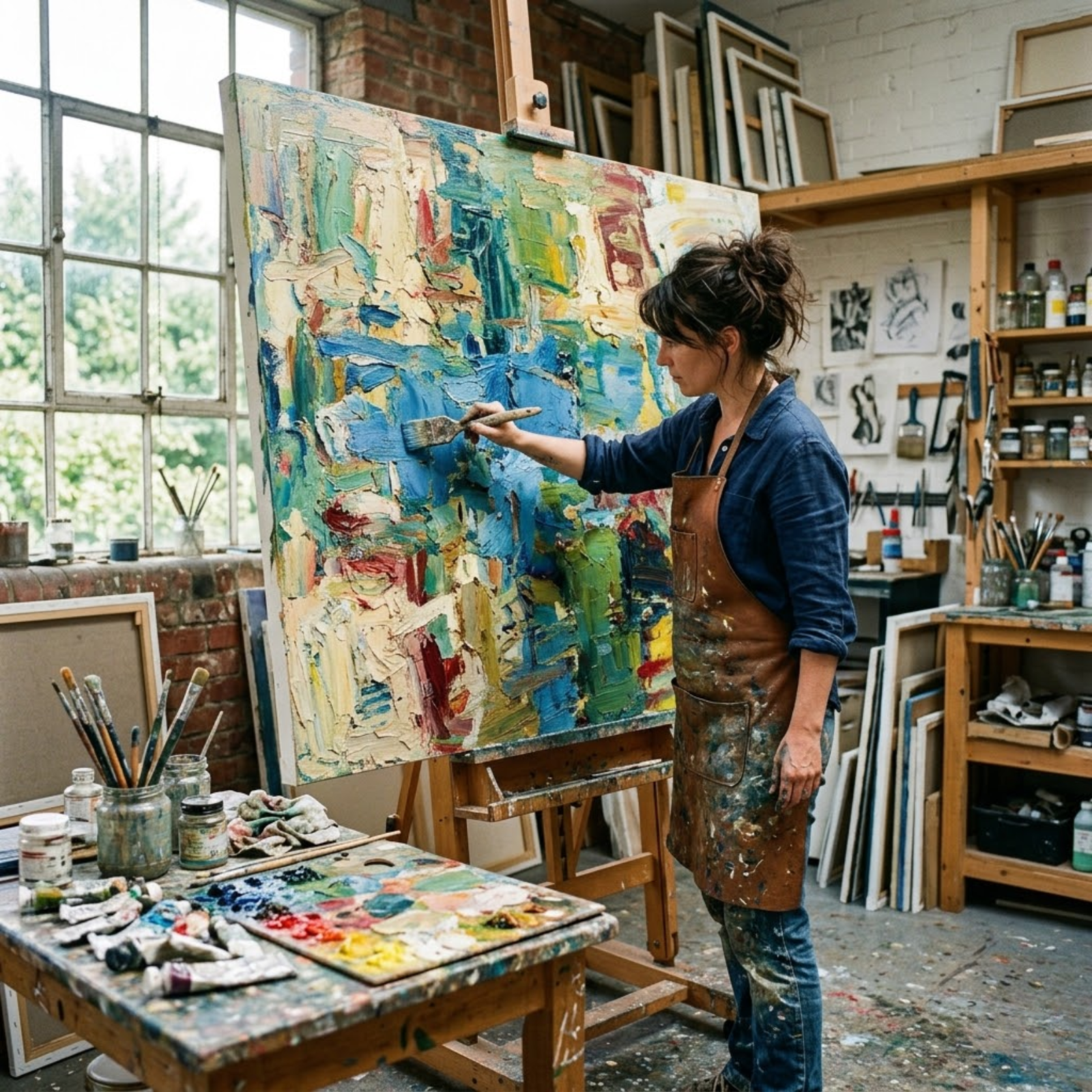 woman artist wearing rove leather apron