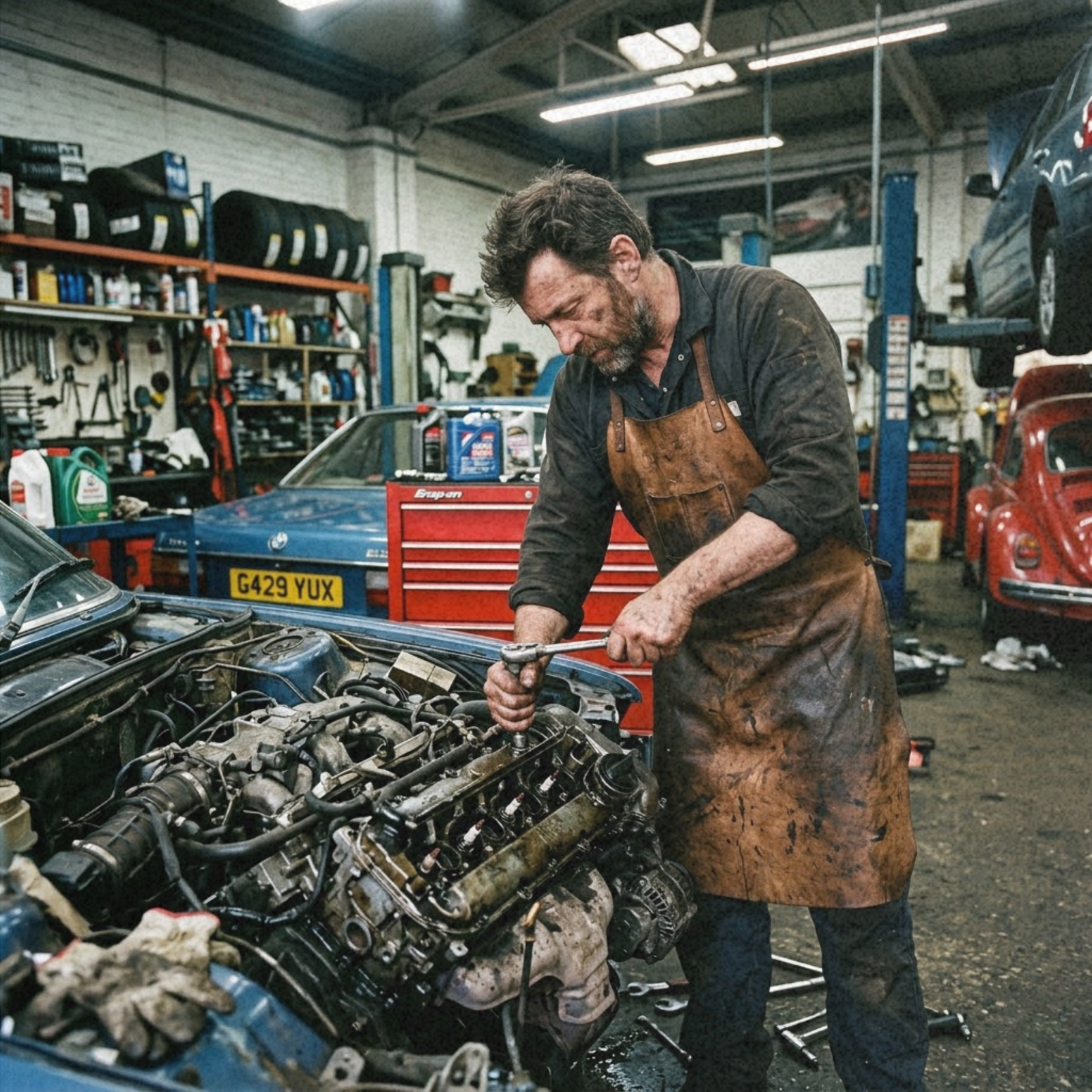 mechanic working in his workshop wearing rove leather apron