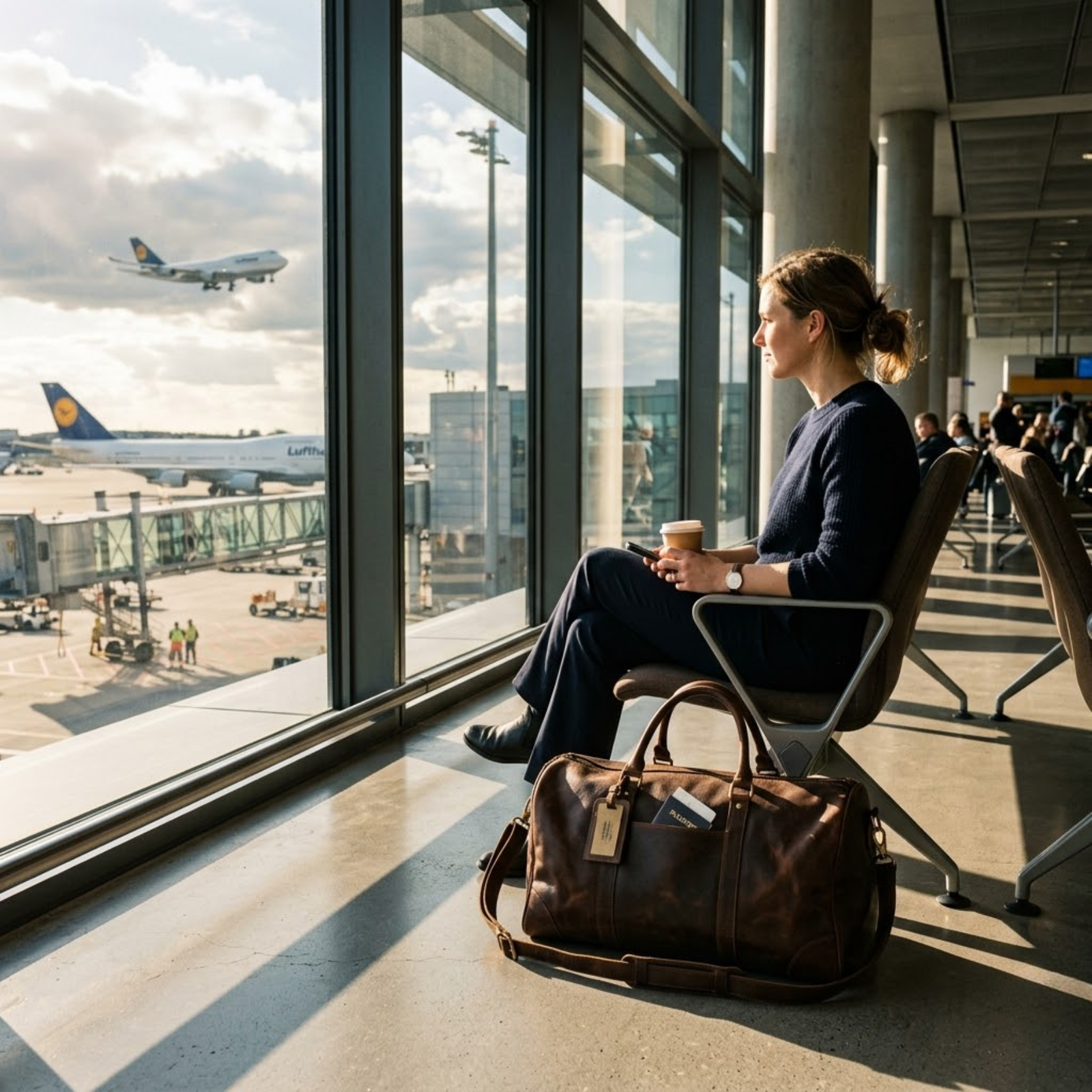 woman in airport waiting for flight with rove leather duffel bag