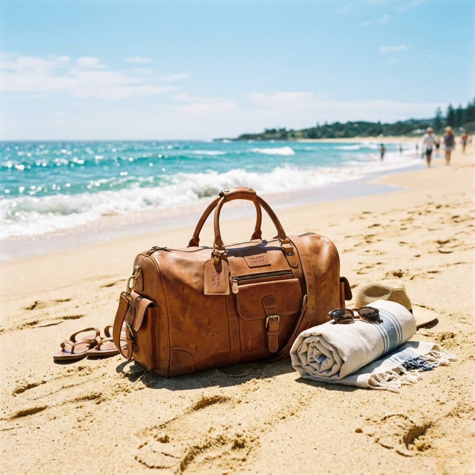rove leather duffel bag on a beach