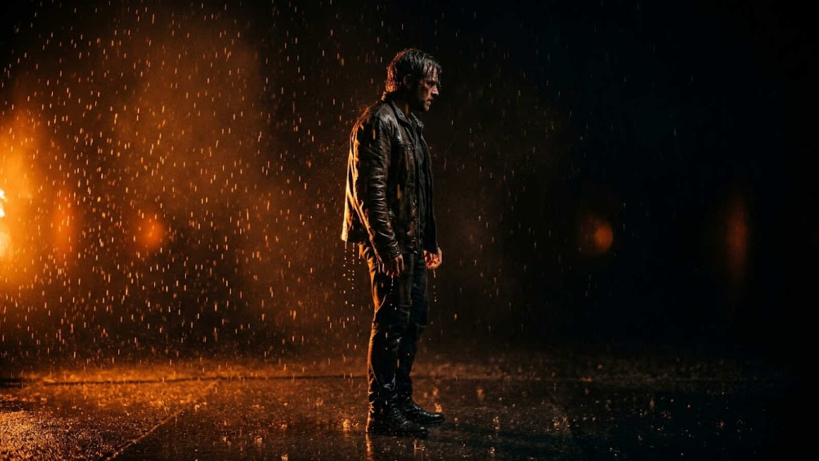 man standing in a dark street while raining wearing a rove leather jacket