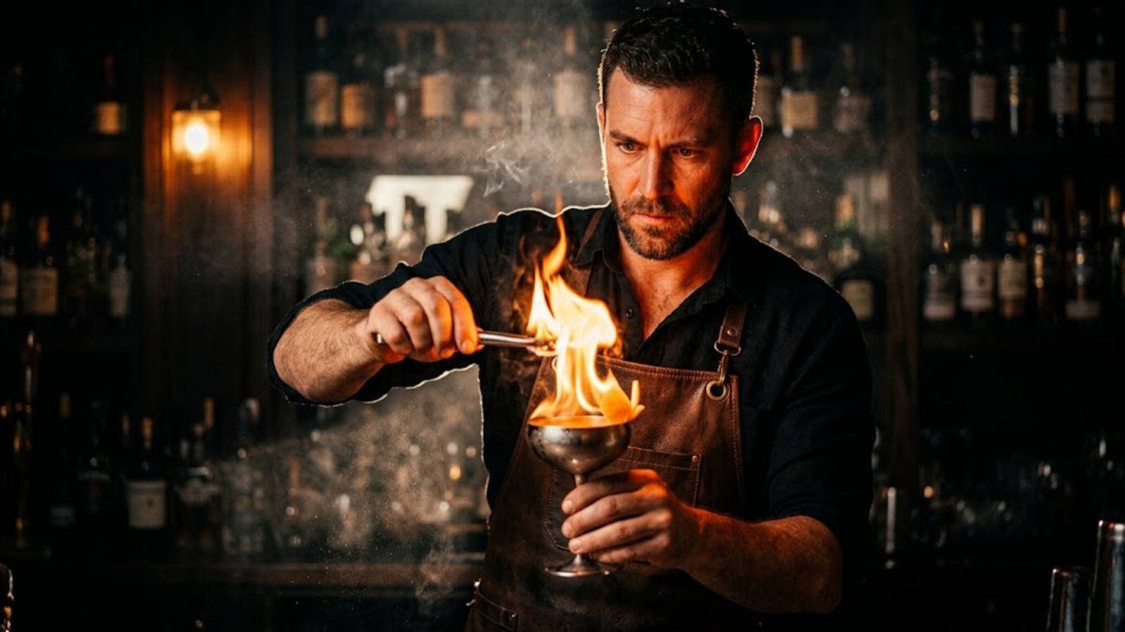 Full-grain leather apron bartender detail
