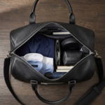 Darkside Pebbled Black Leather Duffel Bag with Braided Strap and Silver Hardware