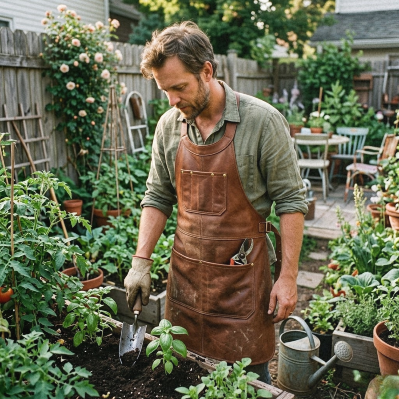 man wearing brown unisex gardening leather apron