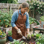 woman wearing brown unisex gardening leather apron