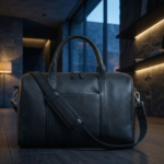 Darkside Pebbled Black Leather Duffel Bag with Braided Strap and Silver Hardware