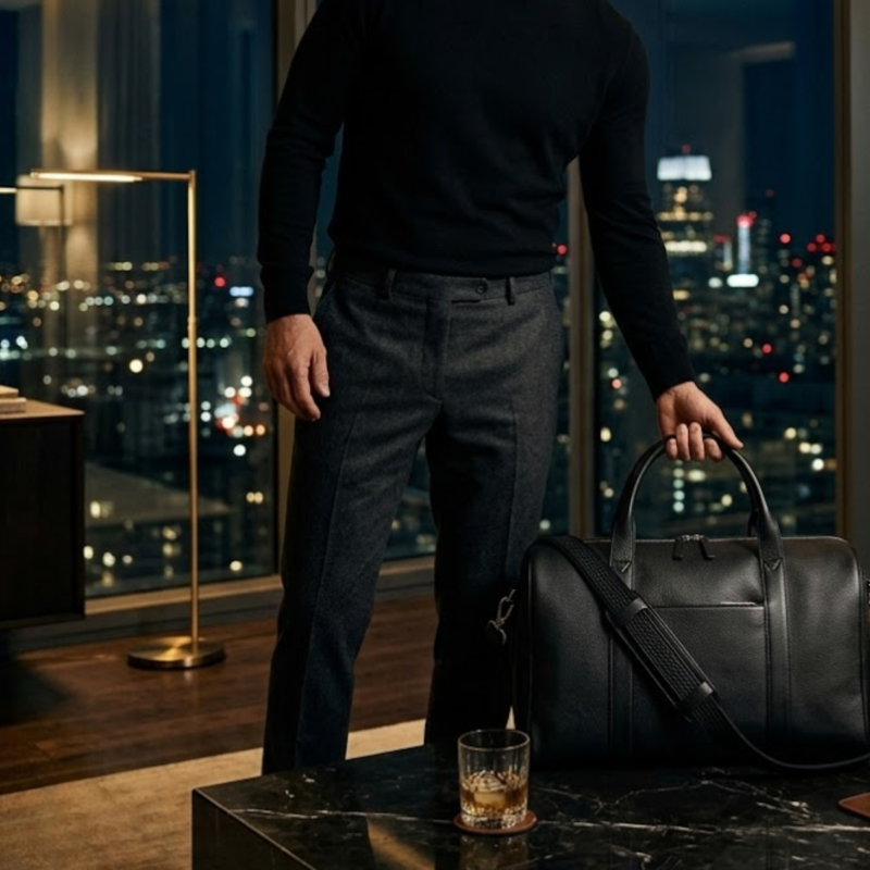 Darkside Pebbled Black Leather Duffel Bag with Braided Strap and Silver Hardware