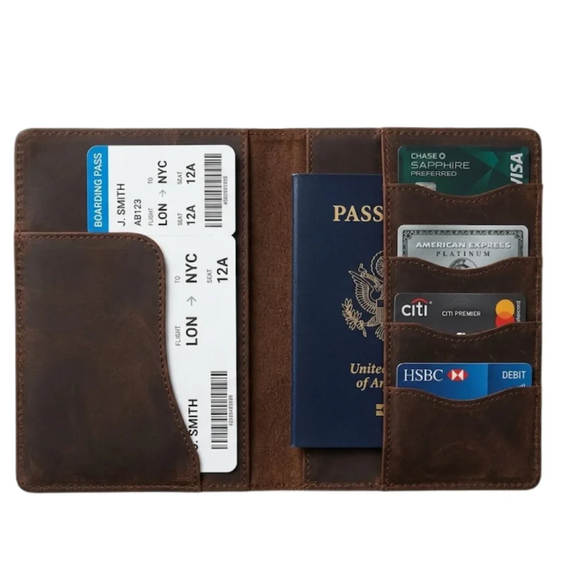 Best leather passport holder for men USA — distressed dark brown full-grain leather travel folio Rove Leather