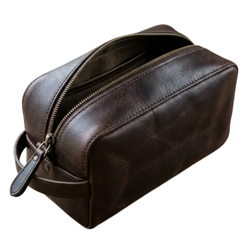 Nomad Dark Brown Leather Dopp Kit front view- Rove Leather
