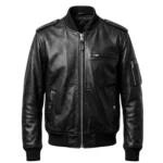 Obsidian men's black leather bomber jacket front view - Rove Leather