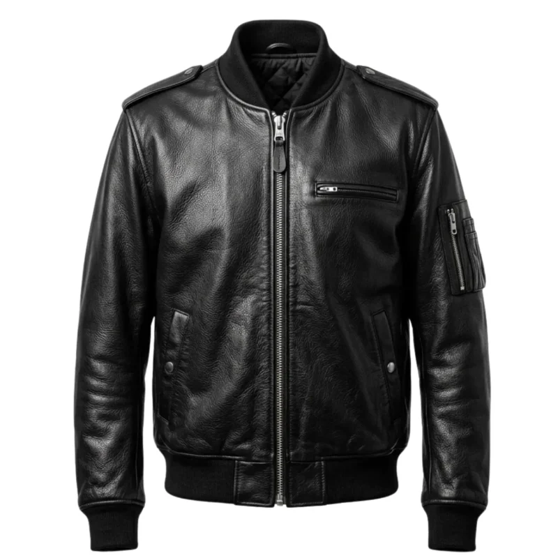 Obsidian men's black leather bomber jacket front view - Rove Leather