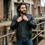 Man wearing black leather bomber jacket - Rove Leather Obsidian
