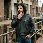 Man wearing black leather bomber jacket - Rove Leather Obsidian