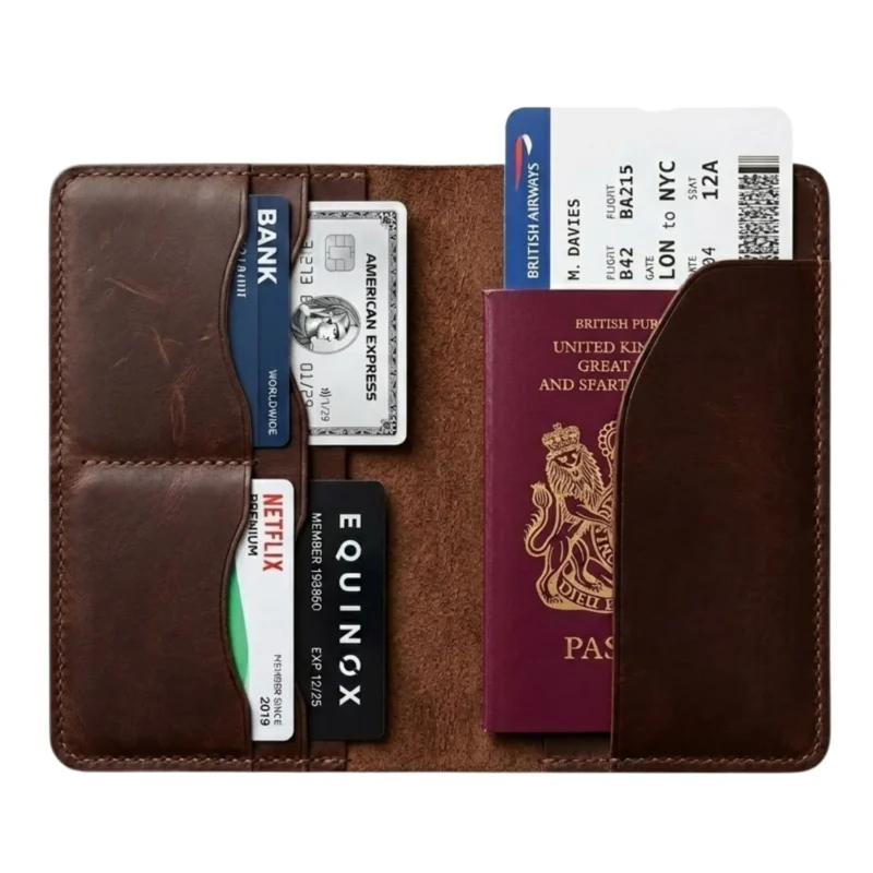 Men's full-grain distressed brown leather passport holder open showing US passport, 4 card slots and dual boarding pass pockets — Rove Leather