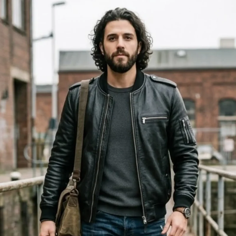 Man wearing black leather bomber jacket - Rove Leather Obsidian