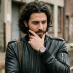 Man wearing black leather bomber jacket - Rove Leather Obsidian