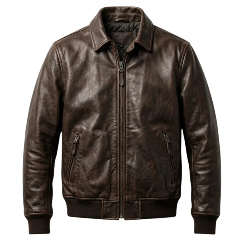 Meridian men's dark brown distressed leather aviator jacket front view - Rove Leather