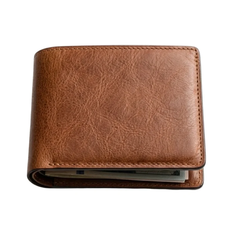 Premium slim tan leather bifold wallet interior with ID window and multiple card slots flat lay