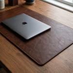 full grain leather desk mat brown on wooden desk - Rove Leather