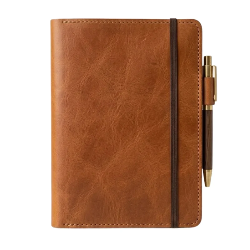 Cognac brown full-grain leather journal cover with brass pen holder and elastic strap on white background - Rove Leather