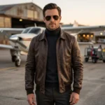 Man wearing dark brown leather aviator jacket at airfield - Rove Leather Meridian