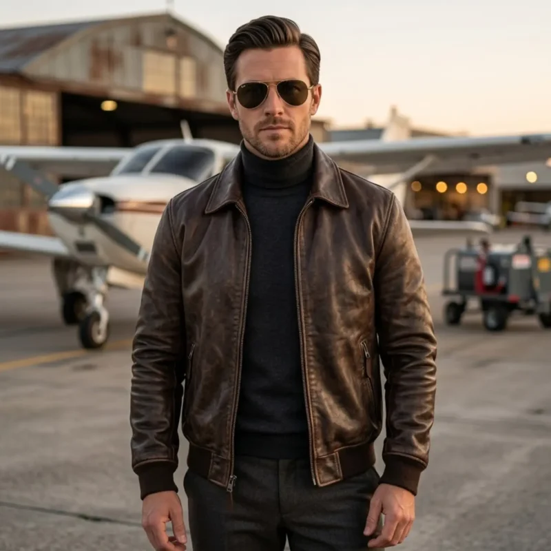 Man wearing dark brown leather aviator jacket at airfield - Rove Leather Meridian