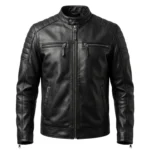 Vantage men's black leather biker jacket front view - Rove Leather