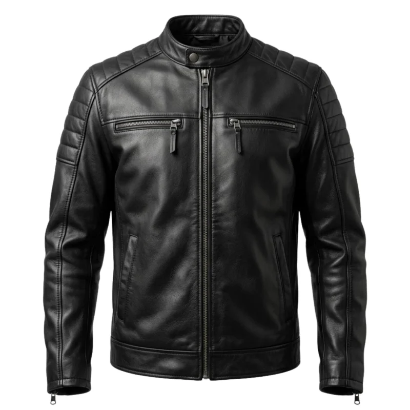 Vantage men's black leather biker jacket front view - Rove Leather