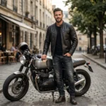 Man wearing black leather biker jacket in city - Rove Leather Vantage