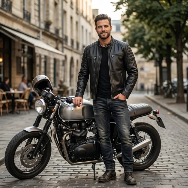 Man wearing black leather biker jacket in city - Rove Leather Vantage