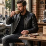 Man wearing black leather biker jacket in city - Rove Leather Vantage