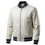 Halcyon men's cream leather varsity bomber jacket front angle - Rove Leather