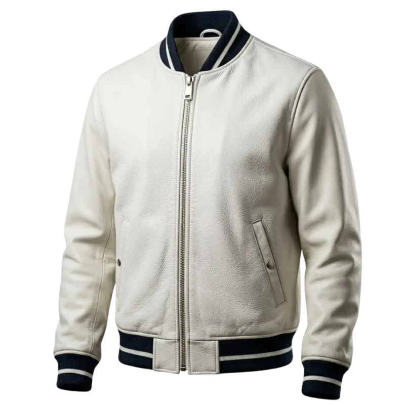 Halcyon men's cream leather varsity bomber jacket front angle - Rove Leather