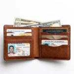 Premium slim tan leather bifold wallet interior with ID window and multiple card slots flat lay