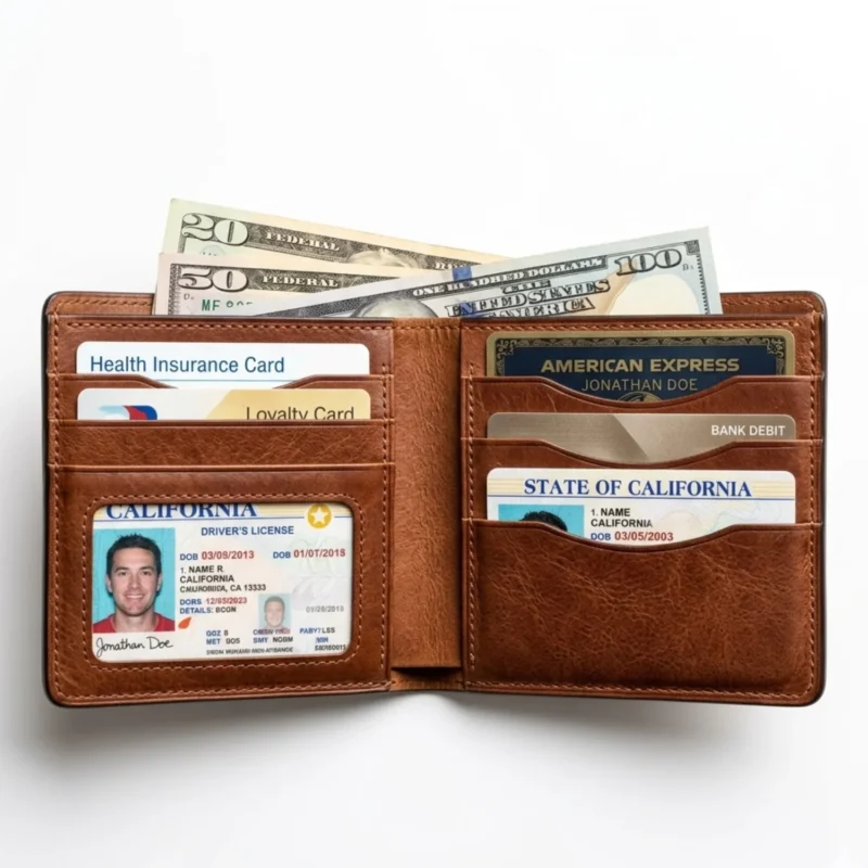 Premium slim tan leather bifold wallet interior with ID window and multiple card slots flat lay